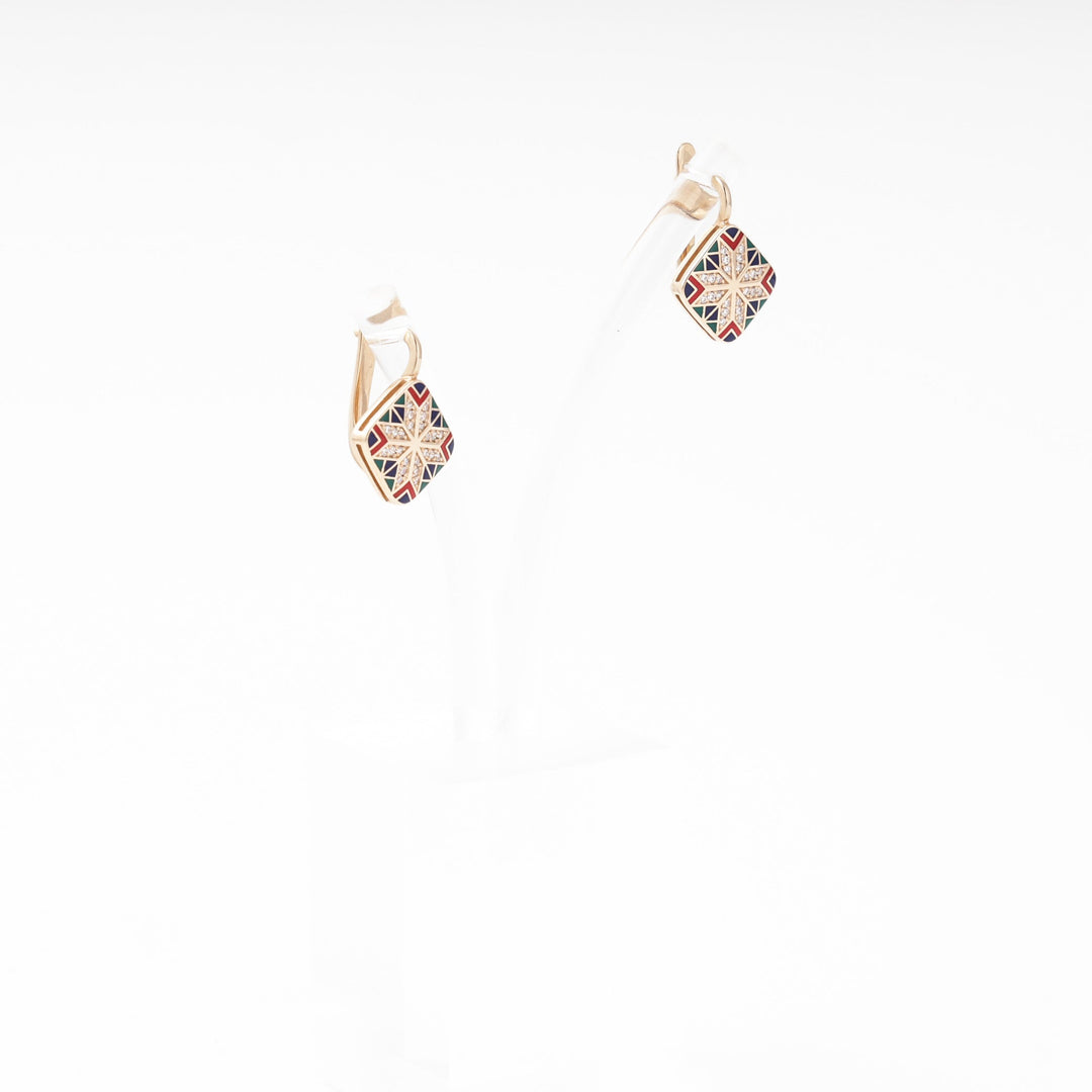 Rose Gold 585 Earrings with Multicolor Enamel Star and CZ | Ukrainian Jewelry
