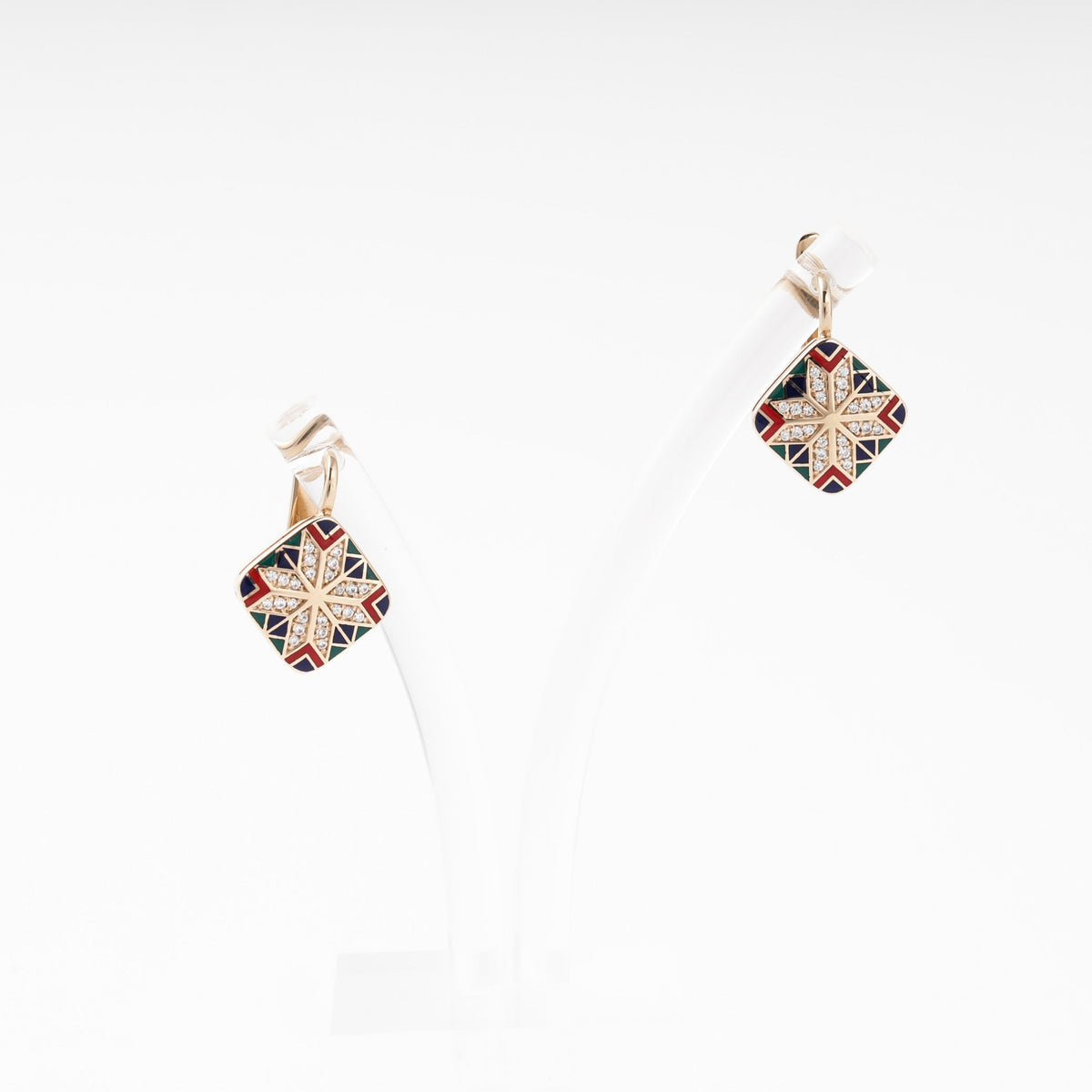 Rose Gold 585 Earrings with Multicolor Enamel Star and CZ | Ukrainian Jewelry