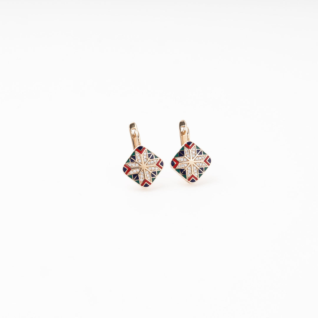 Rose Gold 585 Earrings with Multicolor Enamel Star and CZ | Ukrainian Jewelry