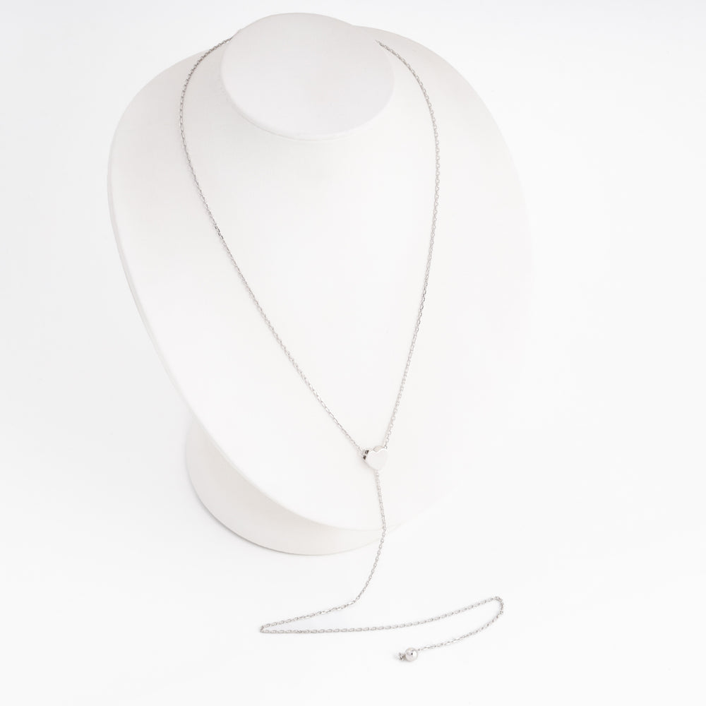 Close-up of heart lariat necklace, flat heart charm 8 mm, Sterling Silver 925 — Ukrainian Jewelry