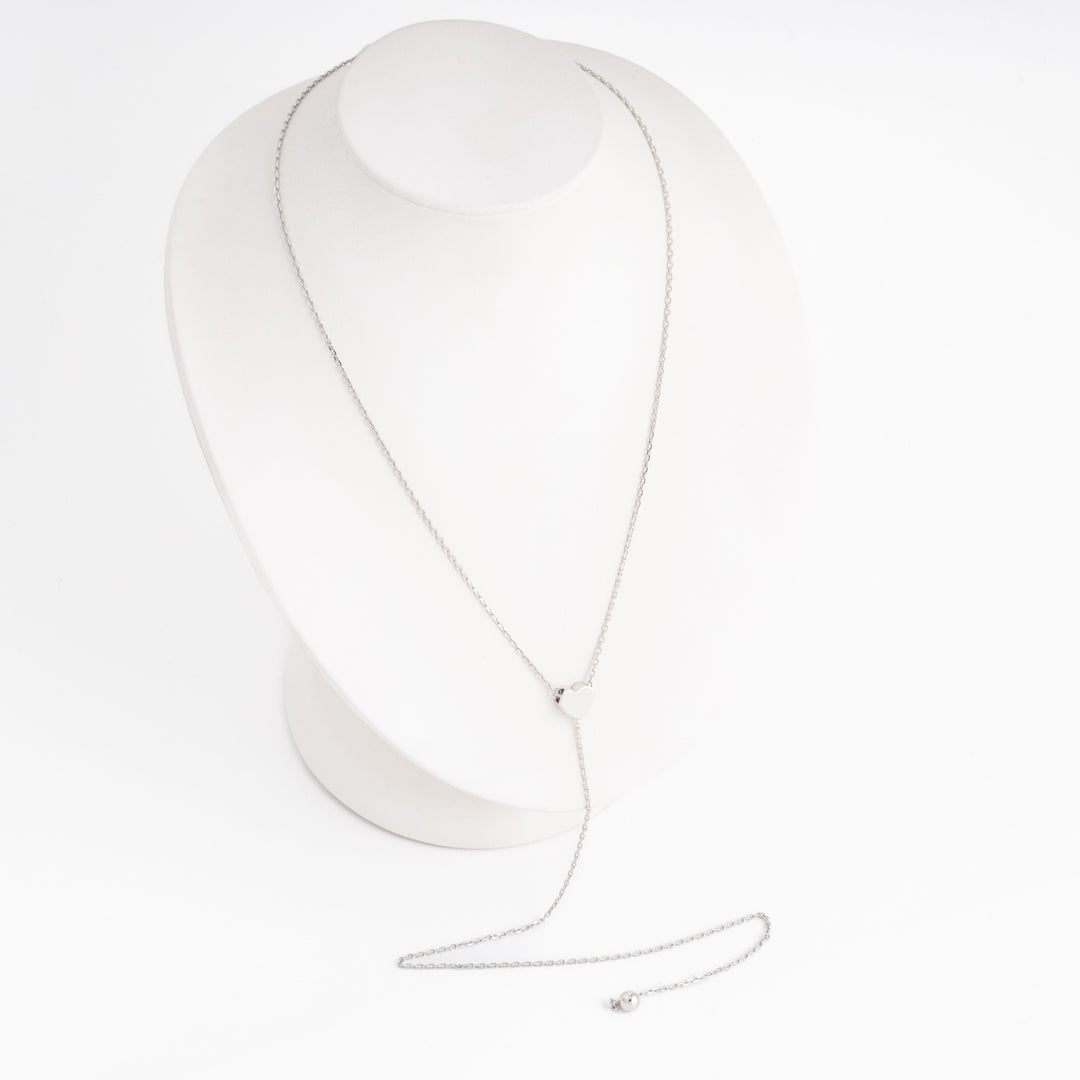 Close-up of heart lariat necklace, flat heart charm 8 mm, Sterling Silver 925 — Ukrainian Jewelry