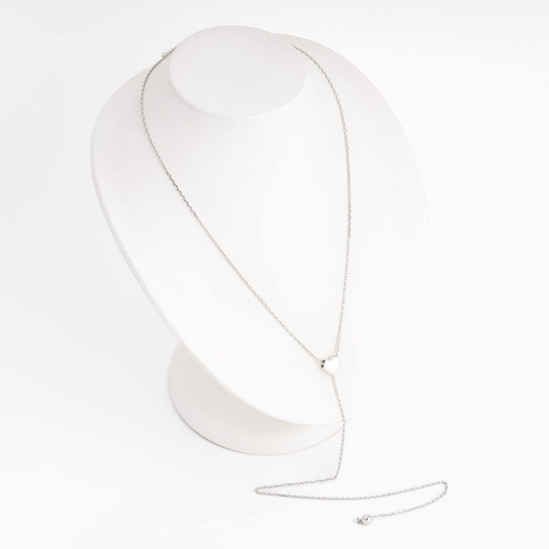 Heart lariat necklace side view, silver drop chain with ball end — Ukrainian Jewelry