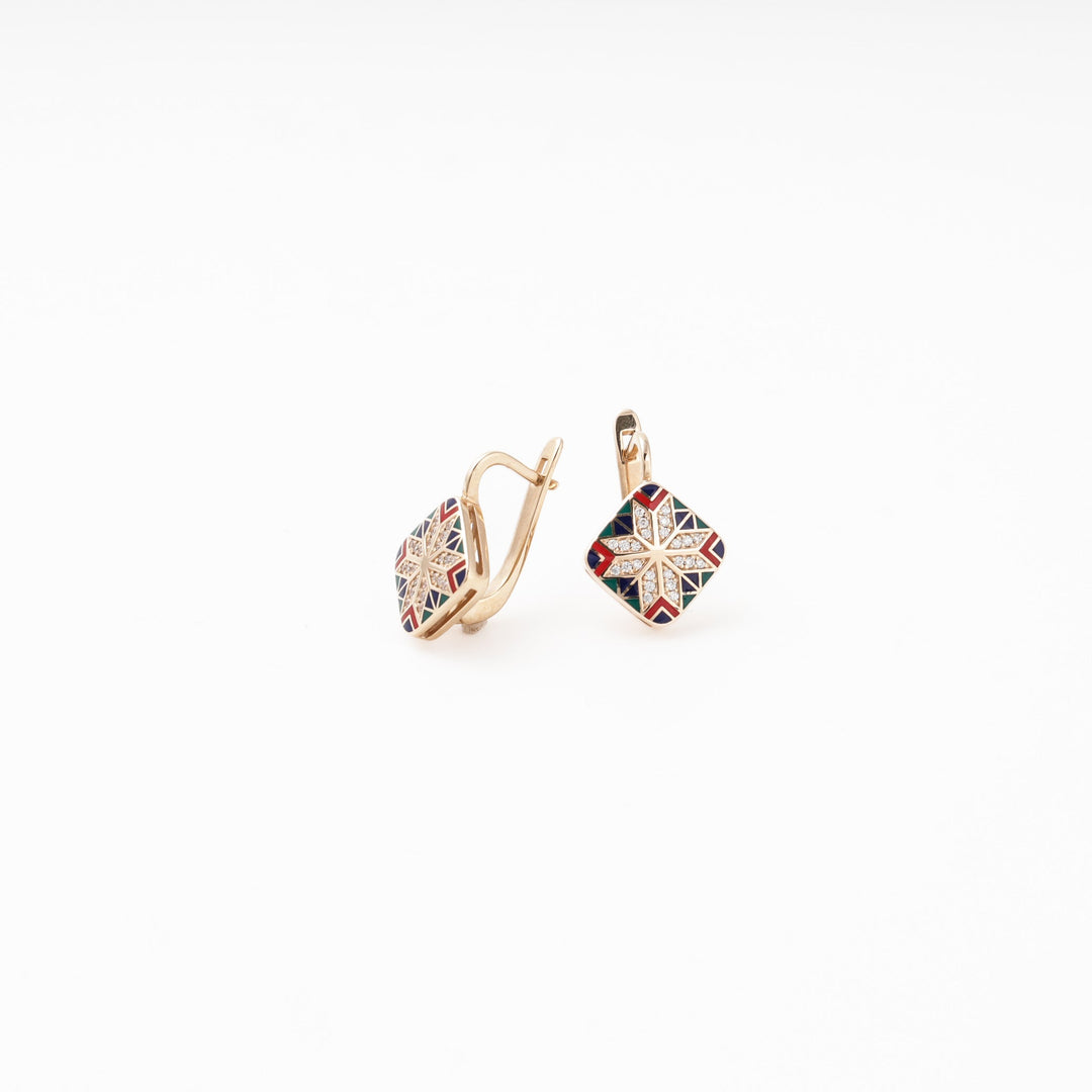 Rose Gold 585 Earrings with Multicolor Enamel Star and CZ | Ukrainian Jewelry