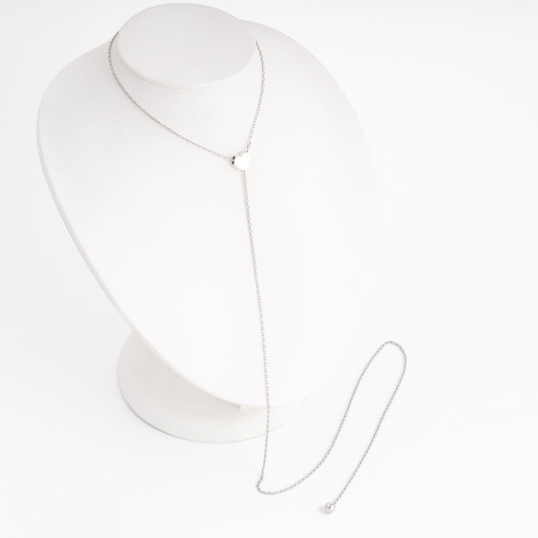 Sterling Silver 925 heart lariat necklace laid flat, rhodium finish — Ukrainian Jewelry