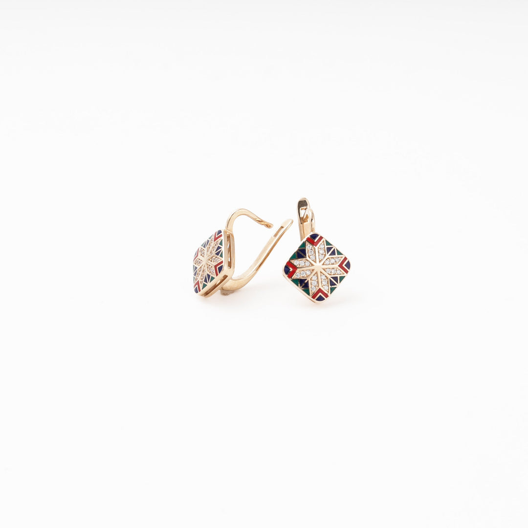 Rose Gold 585 Earrings with Multicolor Enamel Star and CZ | Ukrainian Jewelry
