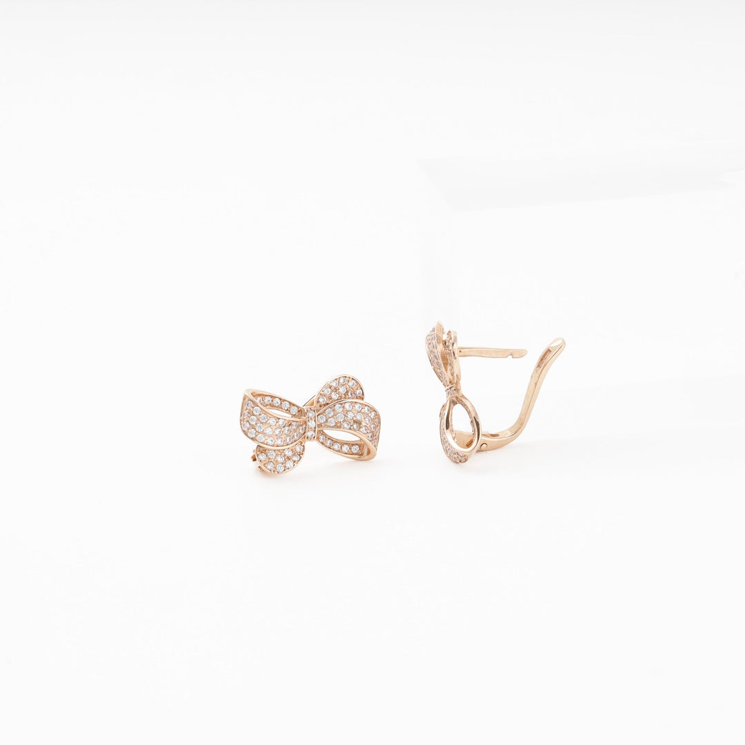 Rose Gold 585 (14K) Bow Earrings Fully Set with CZ | Ukrainian Jewelry
