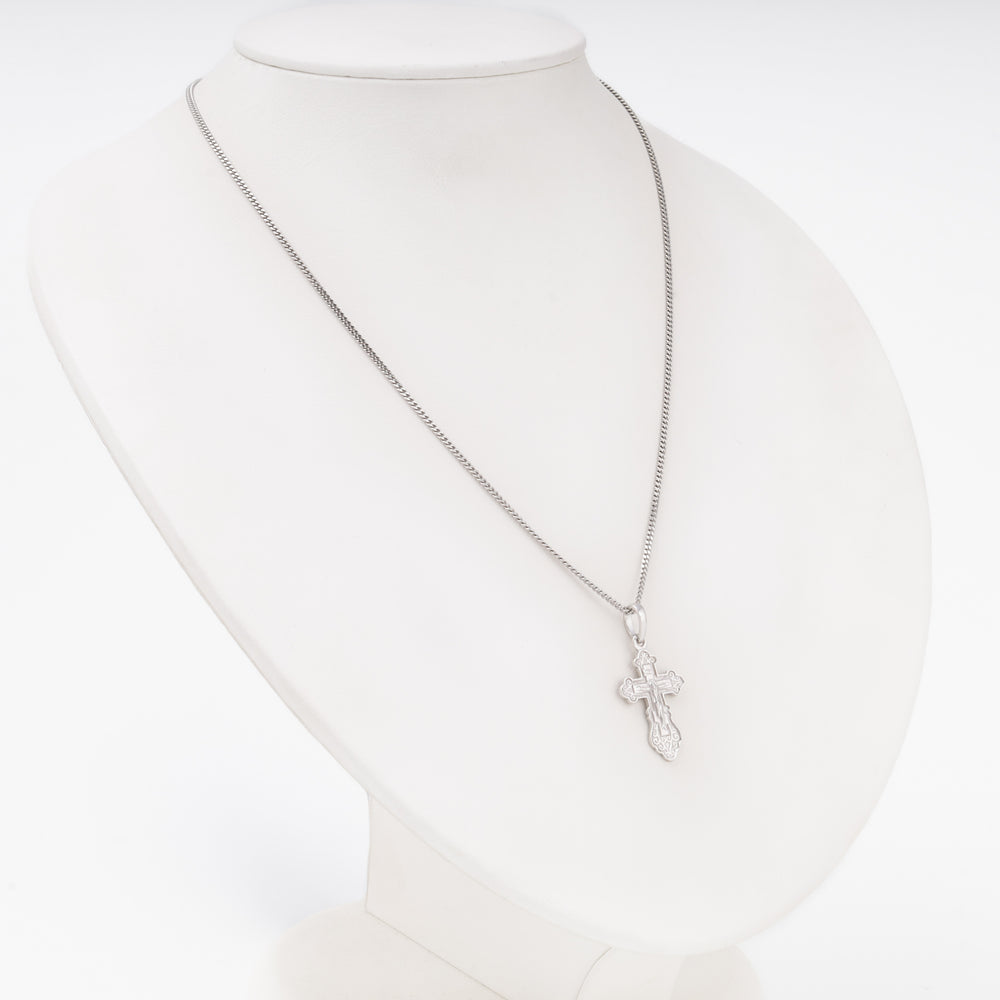 Orthodox cross pendant with Crucifix on curb chain necklace, Sterling Silver 925 rhodium — Ukrainian Jewelry