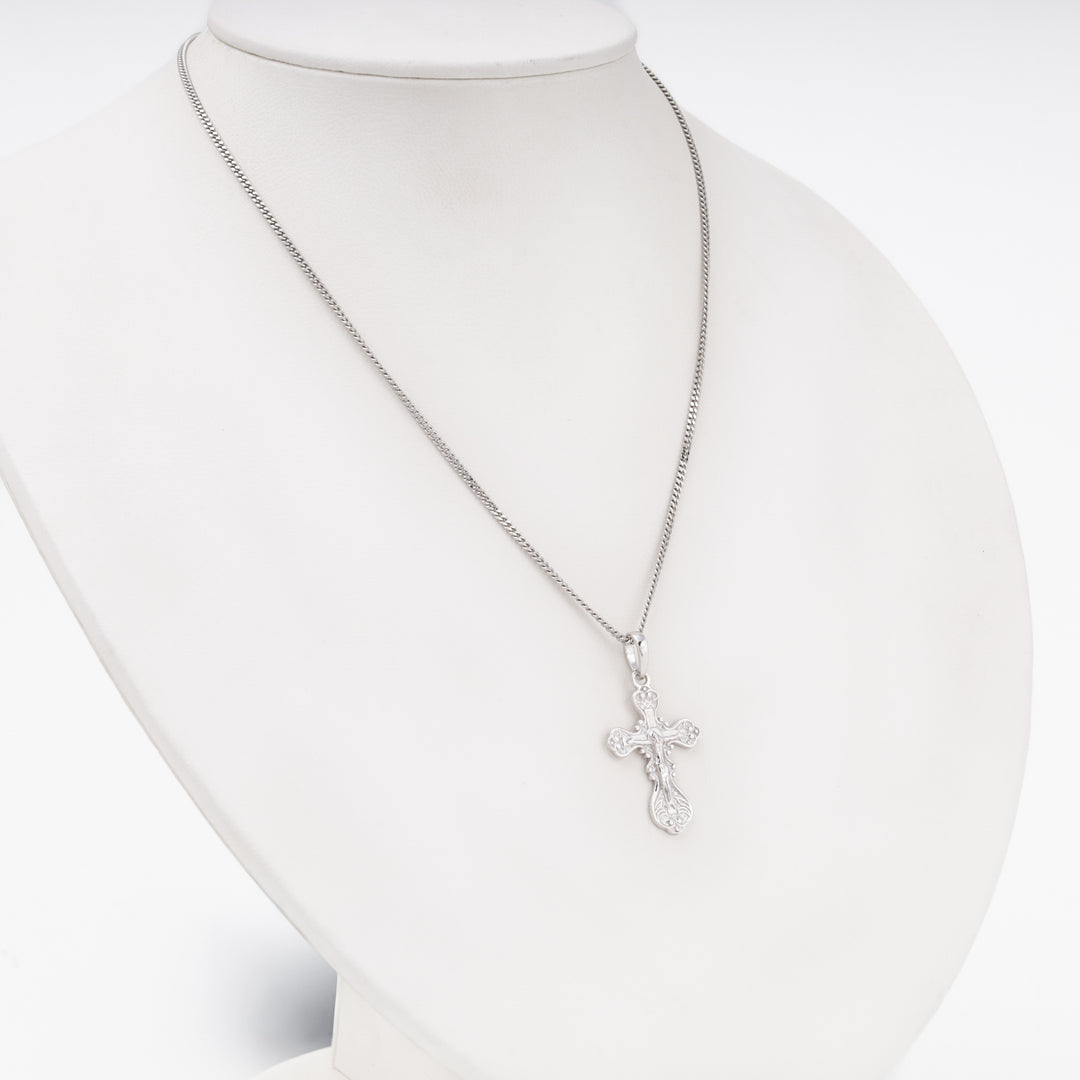 Silver 925 orthodox cross pendant with filigree ornamentation, front view — Ukrainian Jewelry