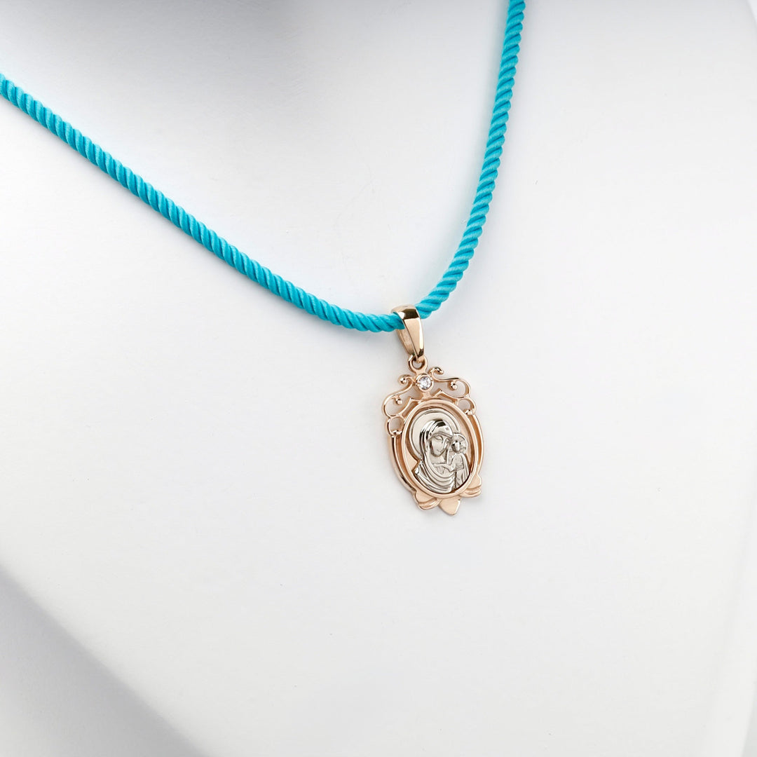 Two-Tone Gold 14K (585) Cubic Zirconia Virgin Mary Icon Pendant | Ukrainian Jewelry