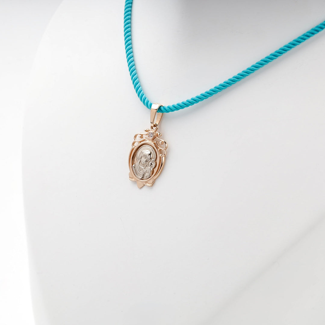 Two-Tone Gold 14K (585) Cubic Zirconia Virgin Mary Icon Pendant | Ukrainian Jewelry