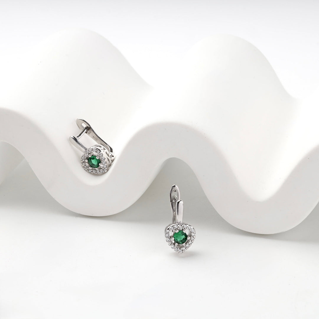 Silver 925 Green Cubic Zirconia Heart Halo Earrings | Ukrainian Jewelry