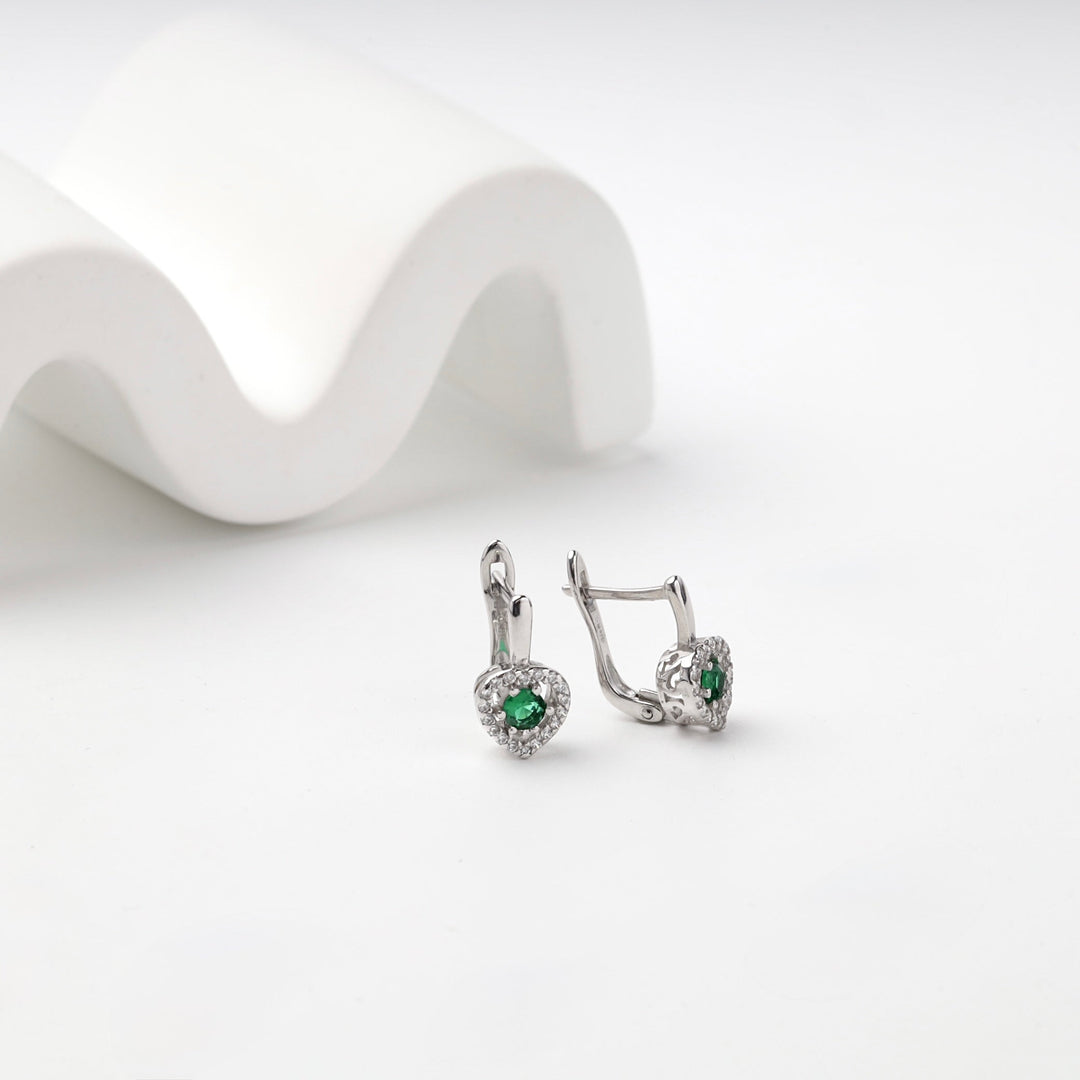 Silver 925 Green Cubic Zirconia Heart Halo Earrings | Ukrainian Jewelry