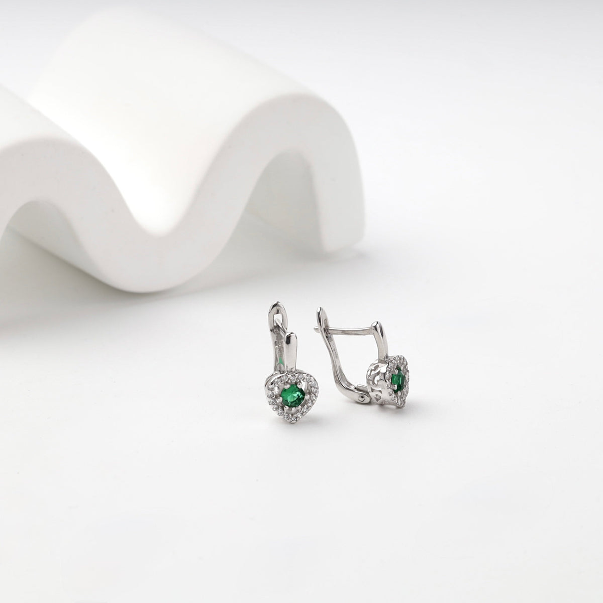 Silver 925 Green Cubic Zirconia Heart Halo Earrings | Ukrainian Jewelry