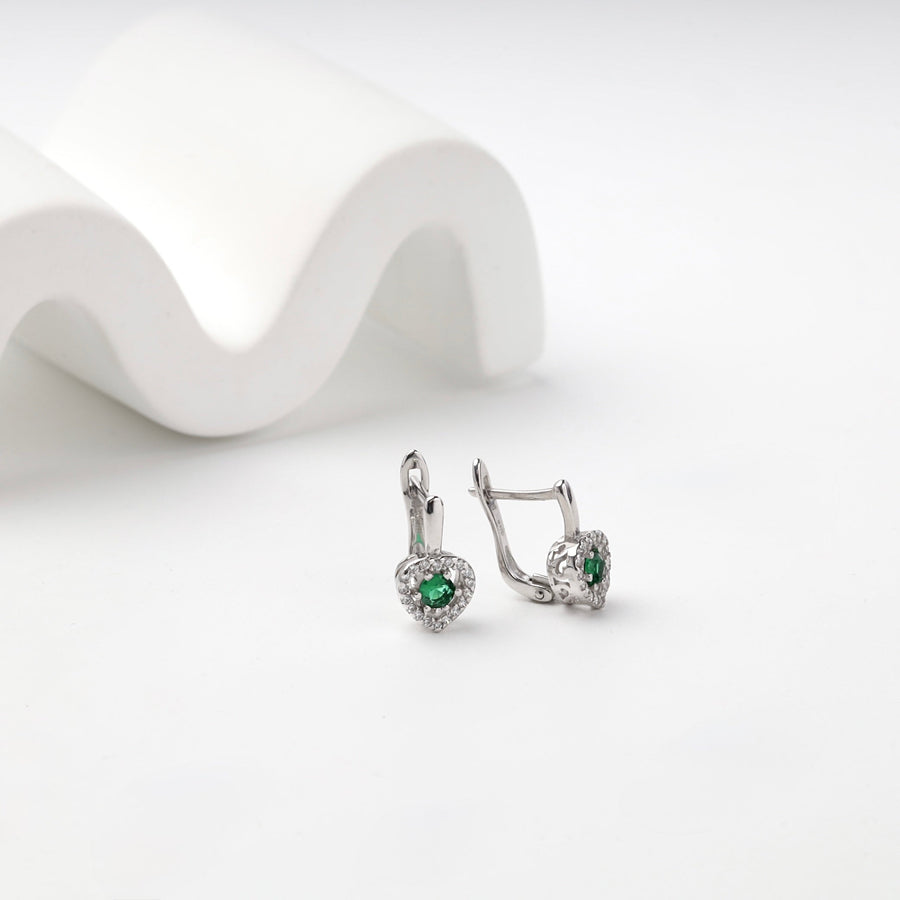 Silver 925 Green Cubic Zirconia Heart Halo Earrings | Ukrainian Jewelry