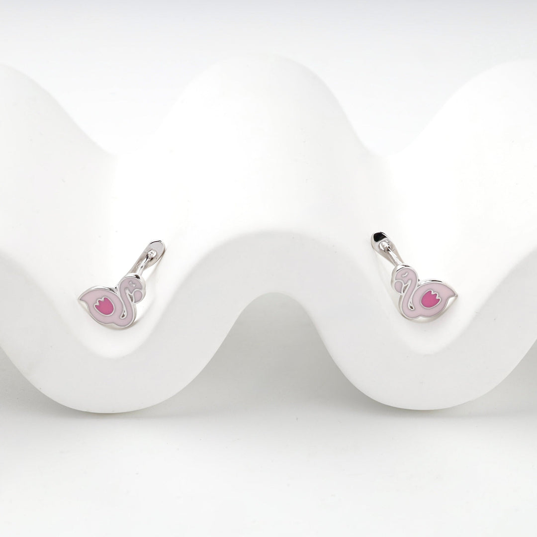 Children's Rhodium-Plated Silver 925 Pink Enamel Flamingo Earrings | Ukrainian Jewelry