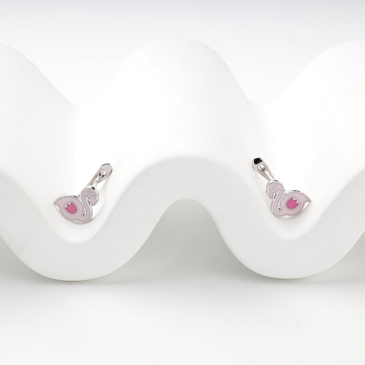 Children's Rhodium-Plated Silver 925 Pink Enamel Flamingo Earrings | Ukrainian Jewelry