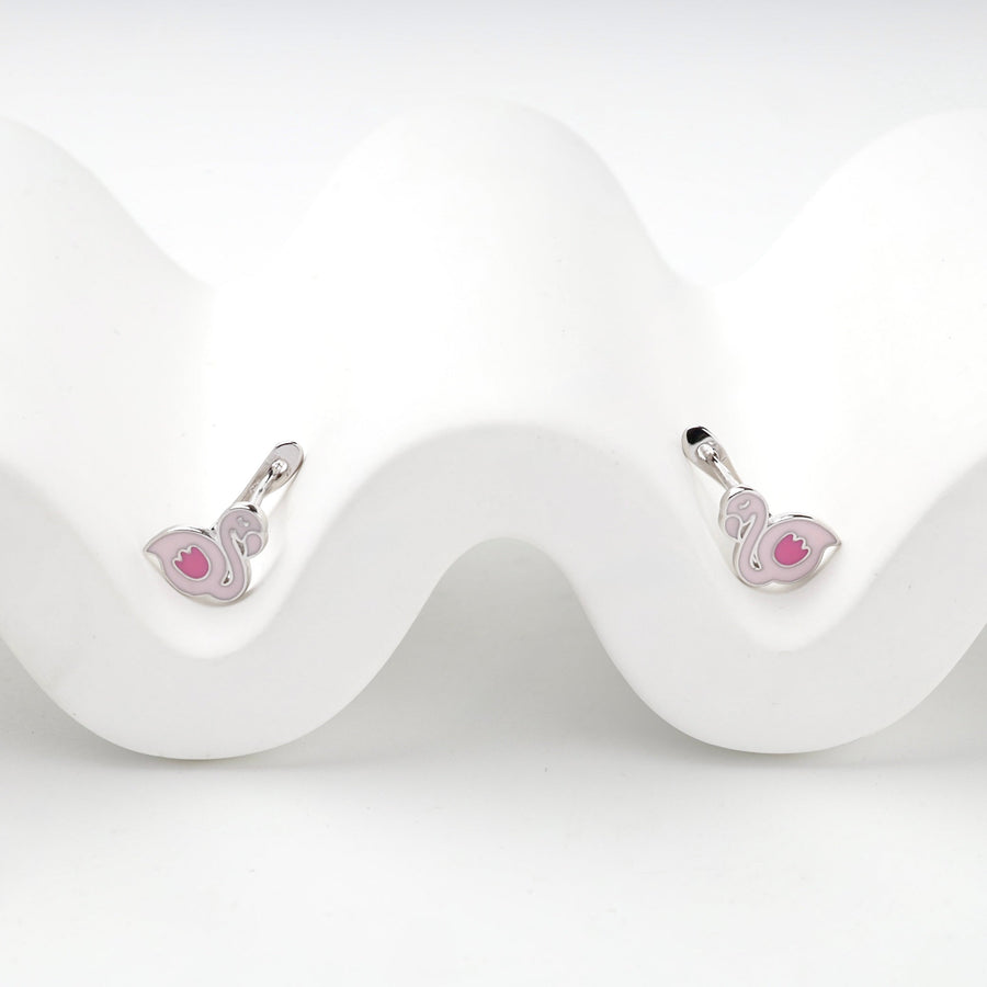 Children's Rhodium-Plated Silver 925 Pink Enamel Flamingo Earrings | Ukrainian Jewelry