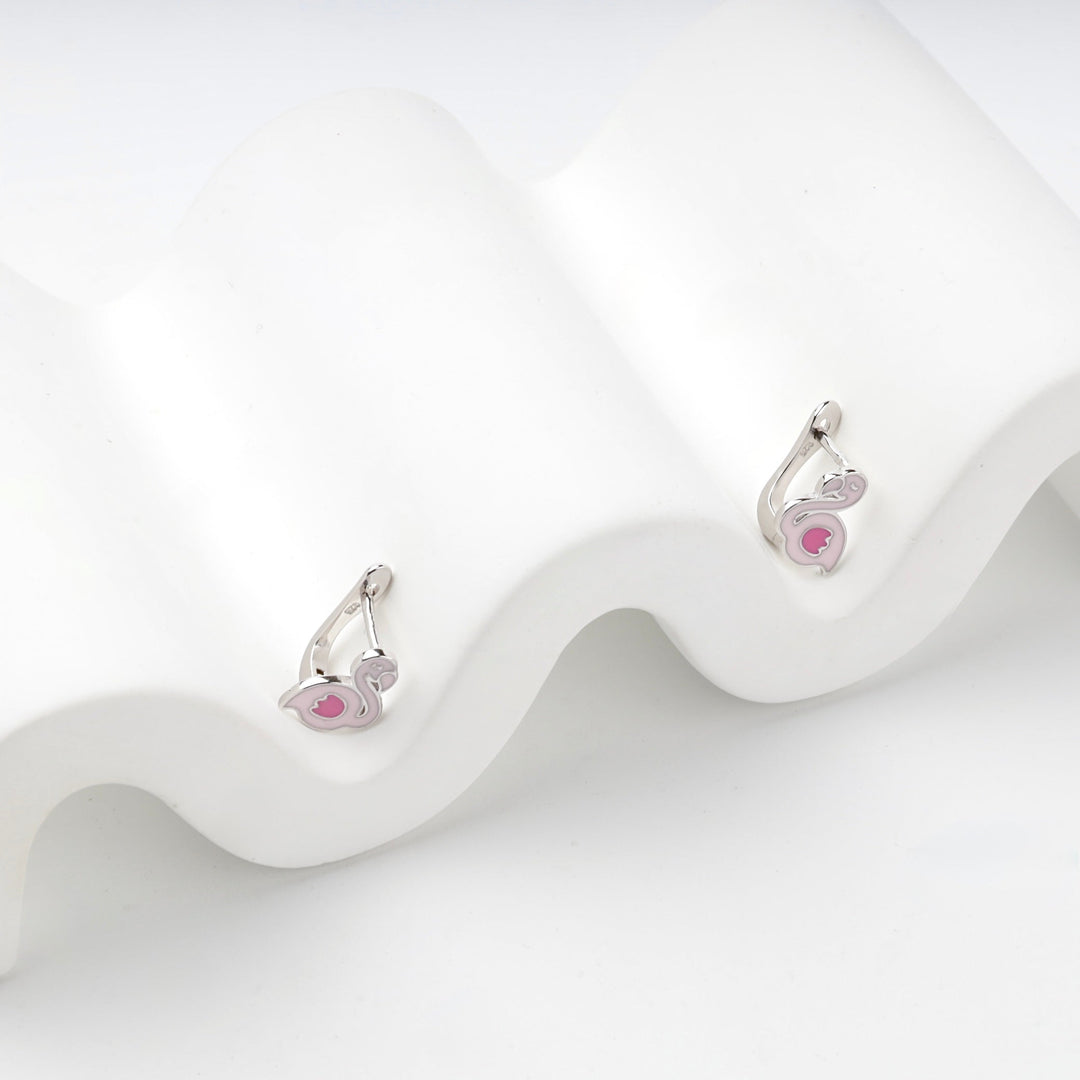 Children's Rhodium-Plated Silver 925 Pink Enamel Flamingo Earrings | Ukrainian Jewelry