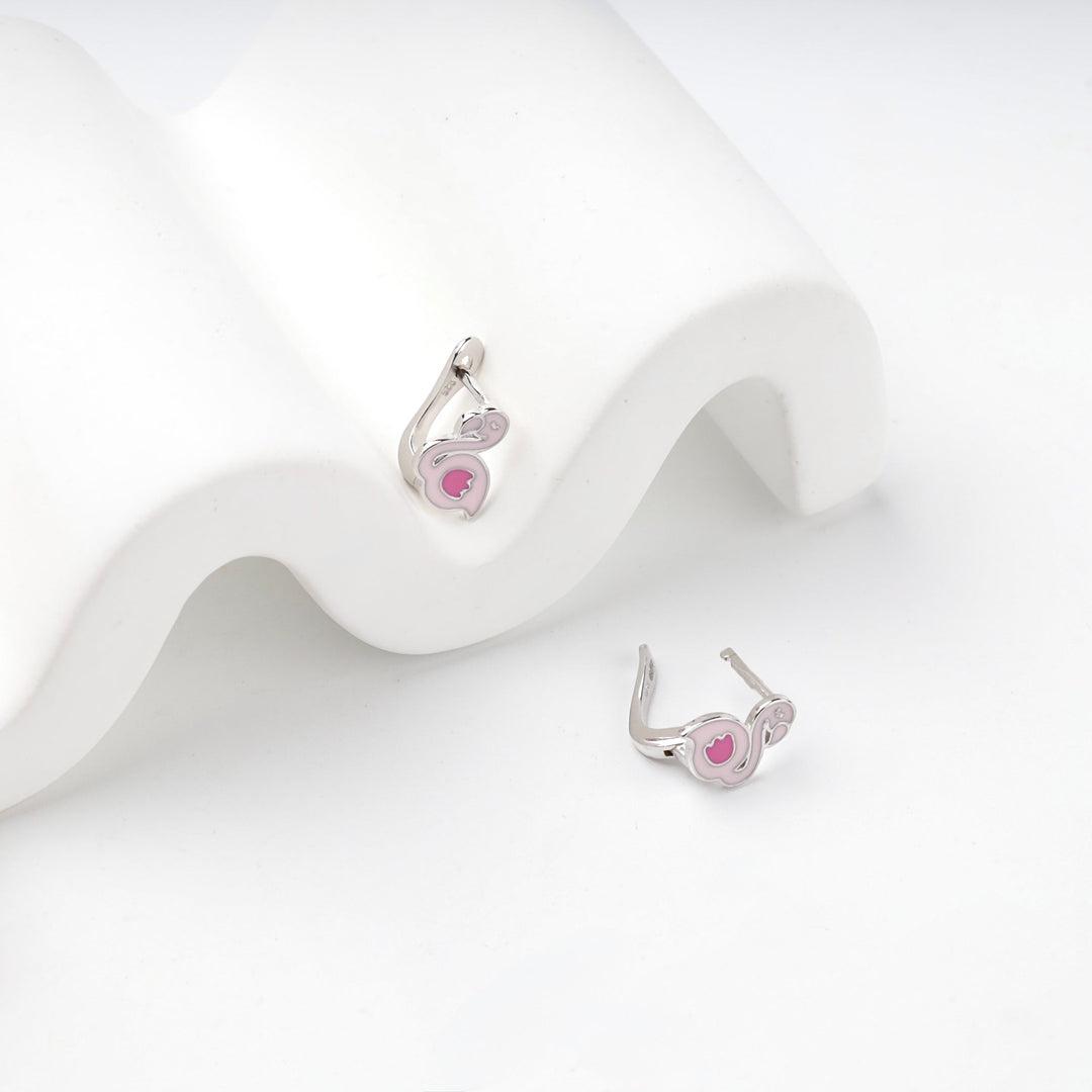 Children's Rhodium-Plated Silver 925 Pink Enamel Flamingo Earrings | Ukrainian Jewelry