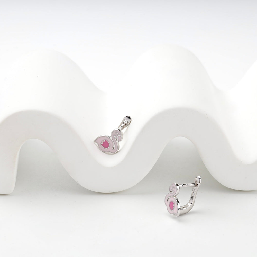 Children's Rhodium-Plated Silver 925 Pink Enamel Flamingo Earrings | Ukrainian Jewelry