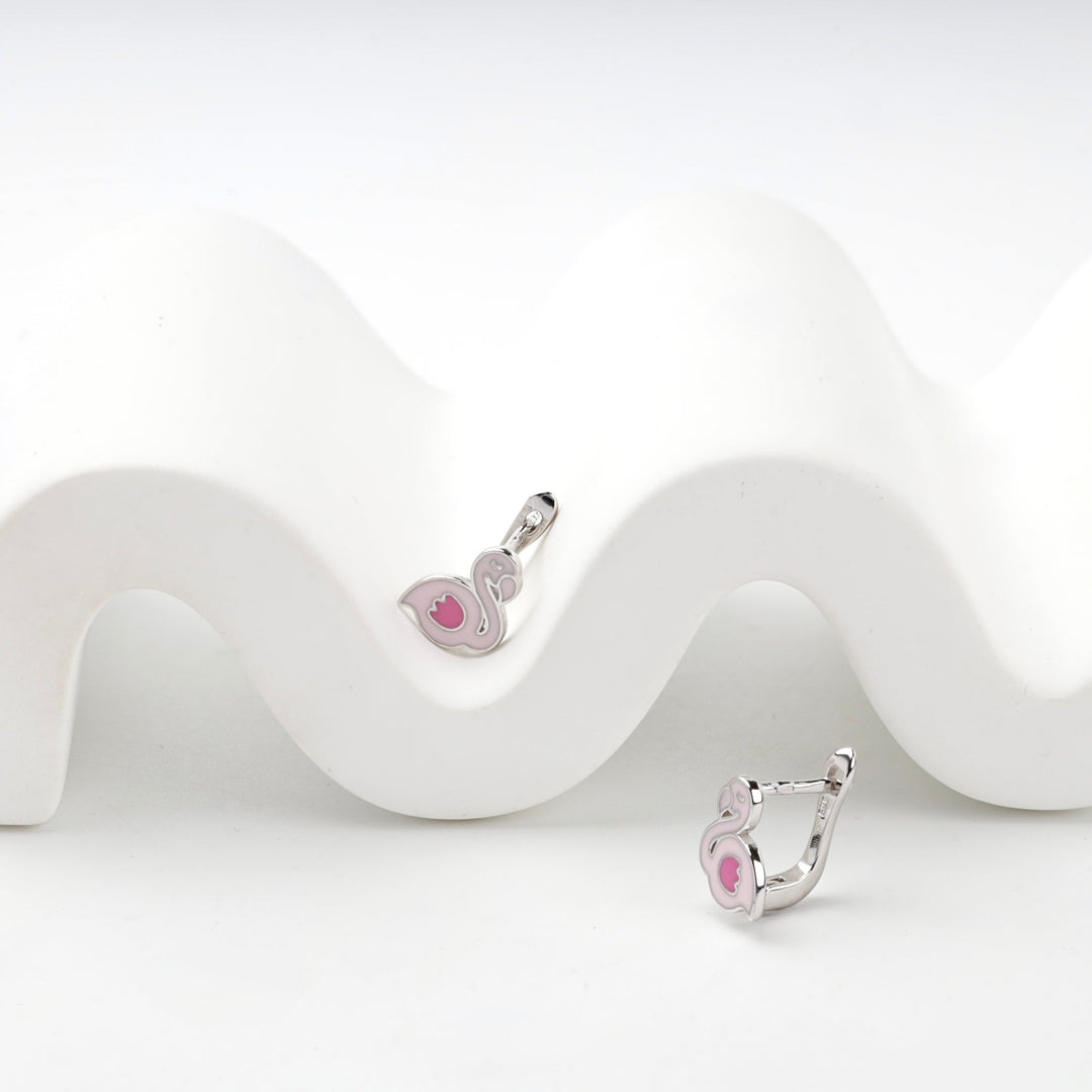 Children's Rhodium-Plated Silver 925 Pink Enamel Flamingo Earrings | Ukrainian Jewelry
