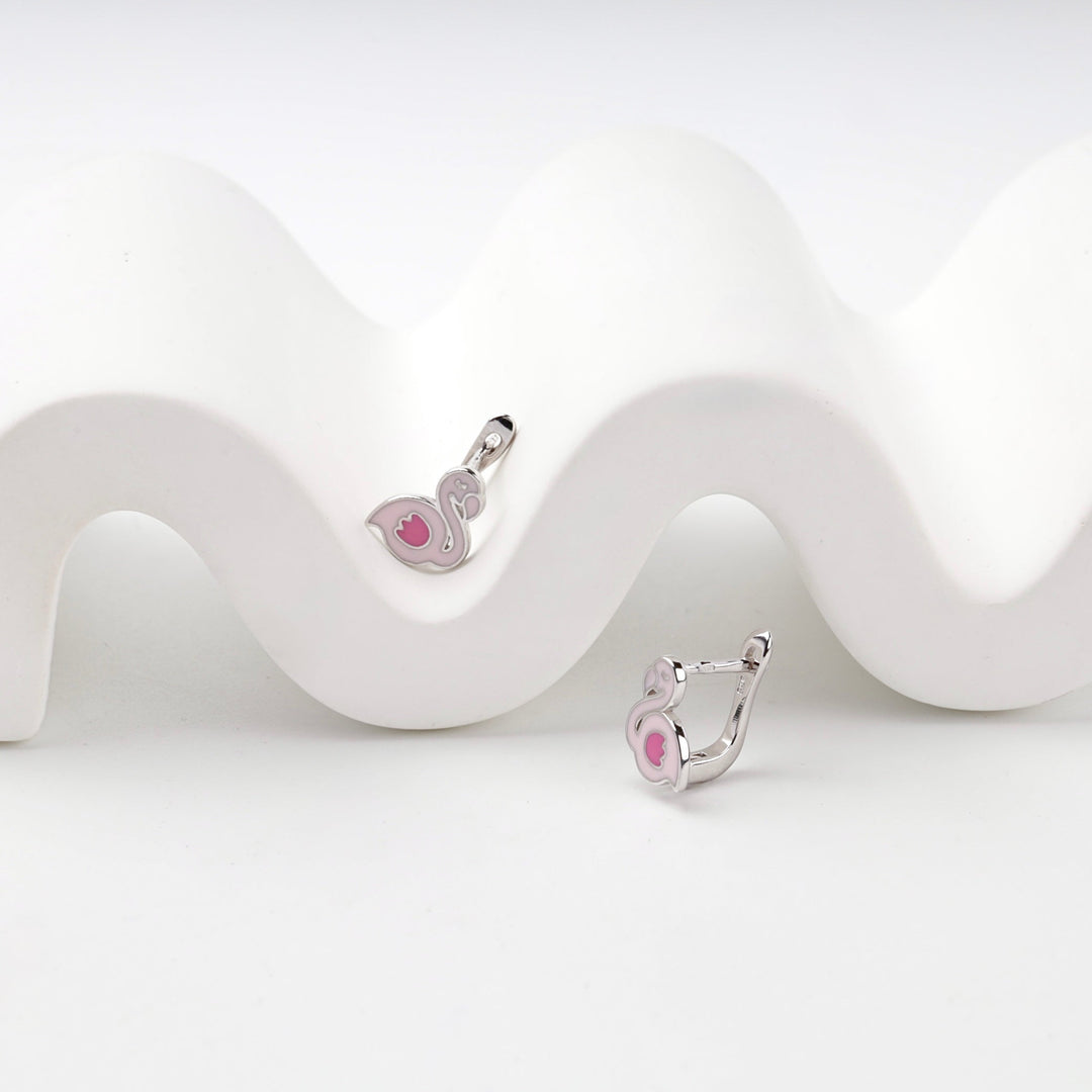 Children's Rhodium-Plated Silver 925 Pink Enamel Flamingo Earrings | Ukrainian Jewelry