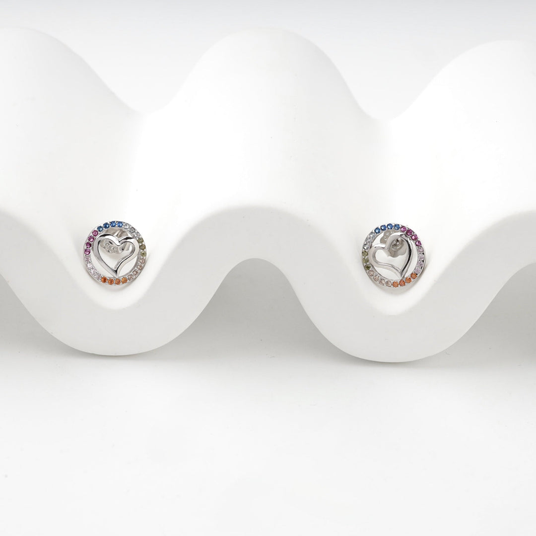 Rhodium-Plated Silver 925 Multicolor CZ Heart Stud Earrings | Ukrainian Jewelry