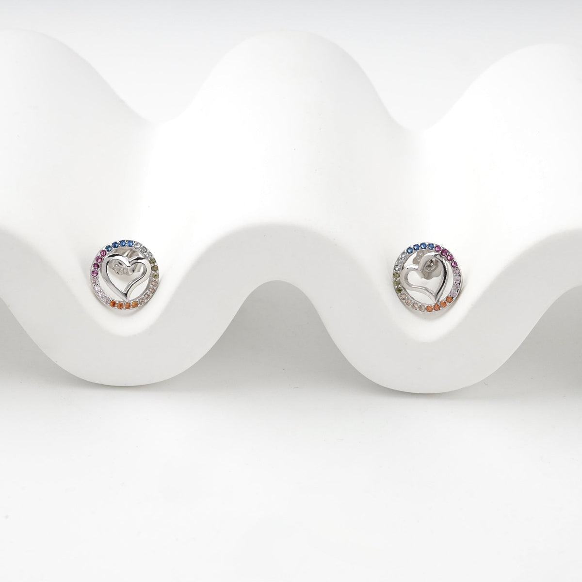Rhodium-Plated Silver 925 Multicolor CZ Heart Stud Earrings | Ukrainian Jewelry