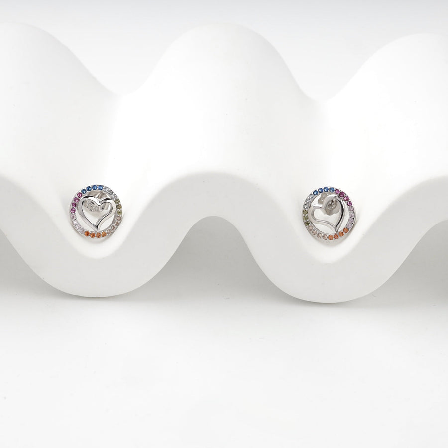 Rhodium-Plated Silver 925 Multicolor CZ Heart Stud Earrings | Ukrainian Jewelry