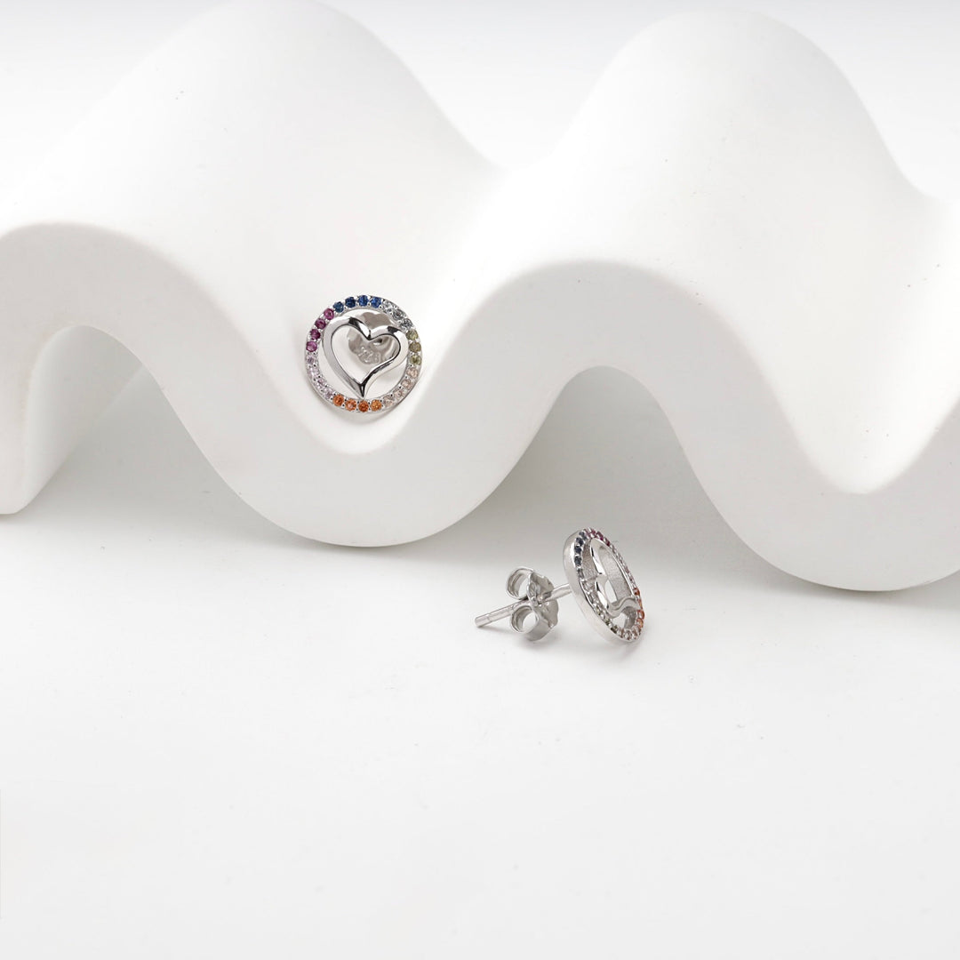 Rhodium-Plated Silver 925 Multicolor CZ Heart Stud Earrings | Ukrainian Jewelry