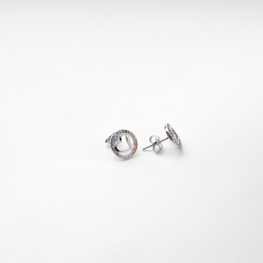 Rhodium-Plated Silver 925 Multicolor CZ Heart Stud Earrings | Ukrainian Jewelry