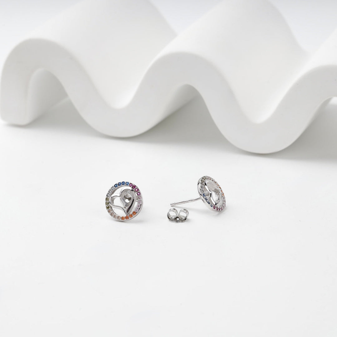 Rhodium-Plated Silver 925 Multicolor CZ Heart Stud Earrings | Ukrainian Jewelry