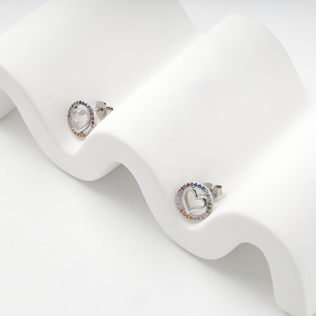 Rhodium-Plated Silver 925 Multicolor CZ Heart Stud Earrings | Ukrainian Jewelry