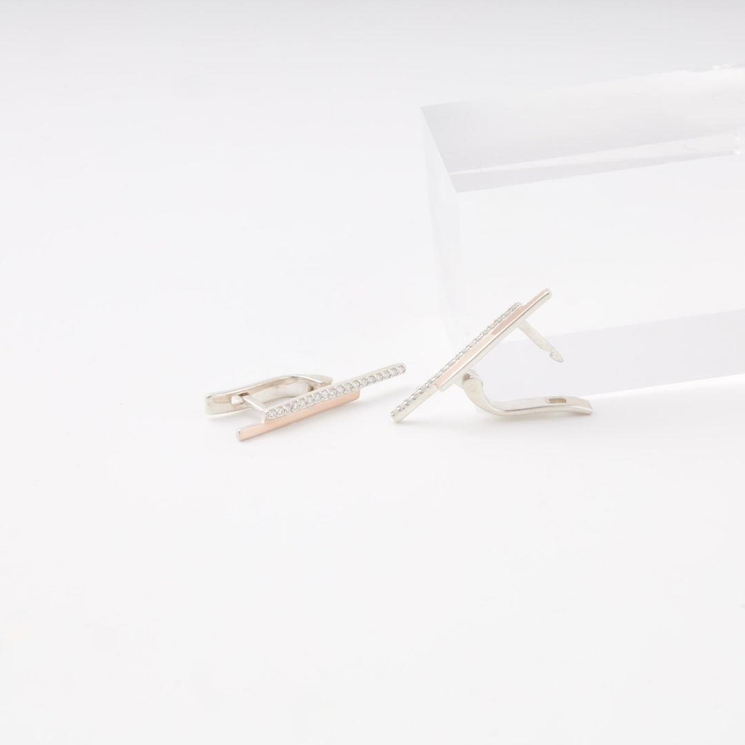 Silver 925 Two-Bar Drop Earrings with CZ and Rose Gold Accent | Ukrainian Jewelry