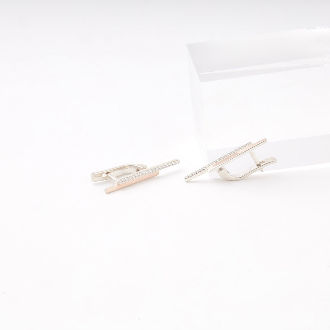 Silver 925 Two-Bar Drop Earrings with CZ and Rose Gold Accent | Ukrainian Jewelry
