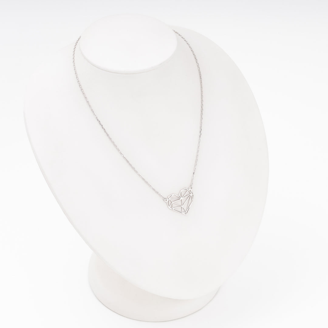 Geometric wireframe heart necklace on bust display, Sterling Silver 925 rhodium — Ukrainian Jewelry