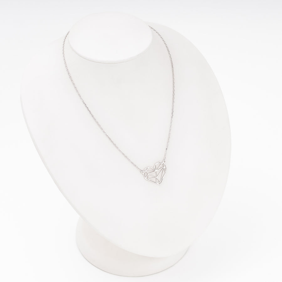 Geometric wireframe heart necklace on bust display, Sterling Silver 925 rhodium — Ukrainian Jewelry