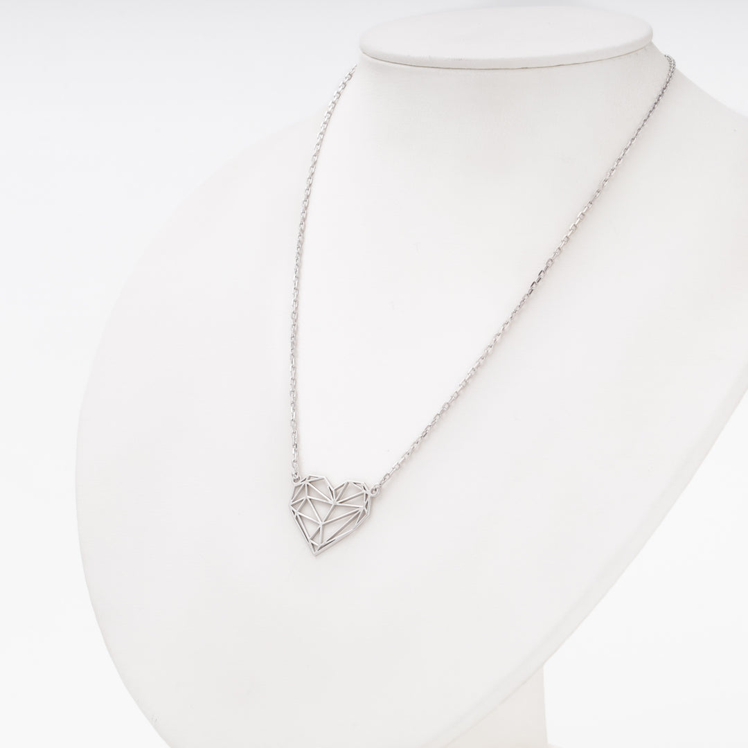 Origami heart pendant necklace side view, fine anchor chain 0.6 mm — Ukrainian Jewelry