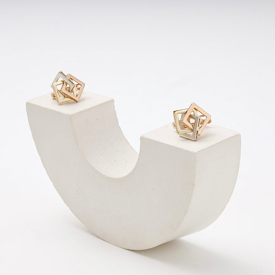 Gold 585 Three-Tone Geometric Cube Earrings | Ukrainian Jewelry