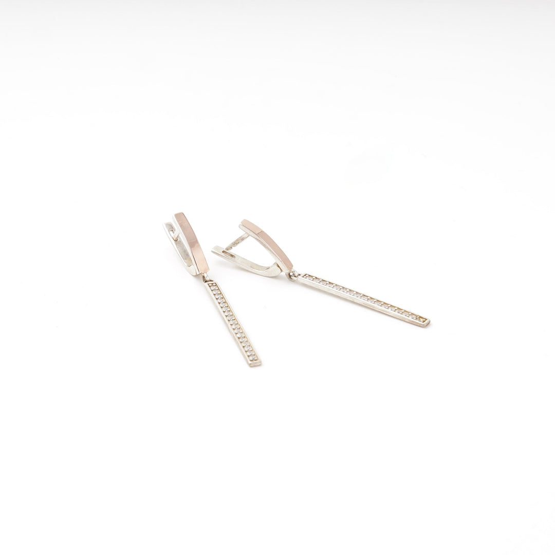 Silver 925 Two-Tone CZ Bar Drop Earrings | Ukrainian Jewelry