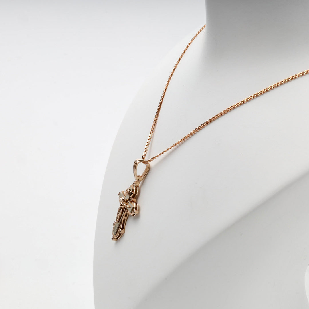 Two-Tone Gold 14K (585) Cubic Zirconia Orthodox Crucifix Pendant | Ukrainian Jewelry