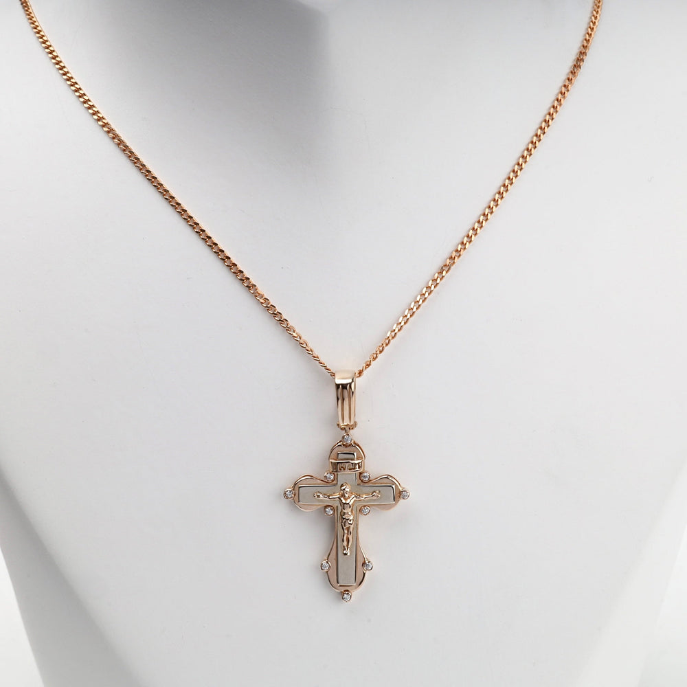 Two-Tone Gold 14K (585) Cubic Zirconia Orthodox Crucifix Pendant | Ukrainian Jewelry