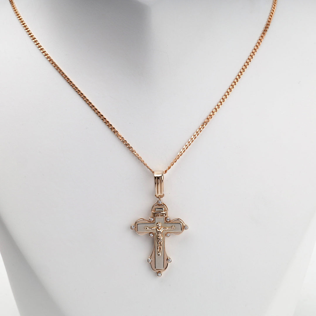 Two-Tone Gold 14K (585) Cubic Zirconia Orthodox Crucifix Pendant | Ukrainian Jewelry