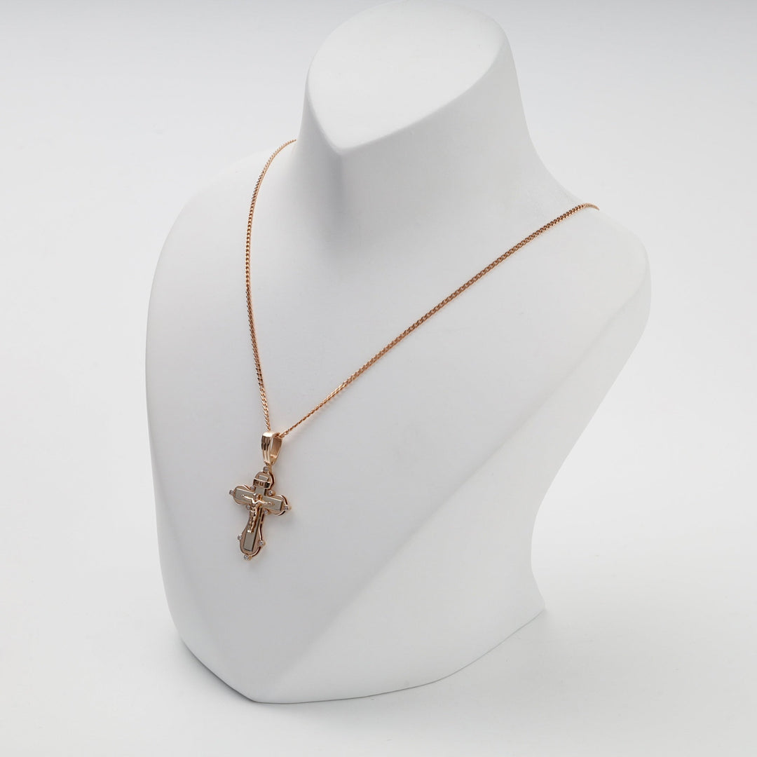 Two-Tone Gold 14K (585) Cubic Zirconia Orthodox Crucifix Pendant | Ukrainian Jewelry