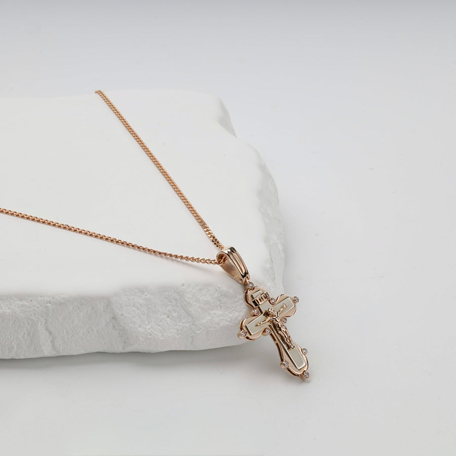 Two-Tone Gold 14K (585) Cubic Zirconia Orthodox Crucifix Pendant | Ukrainian Jewelry