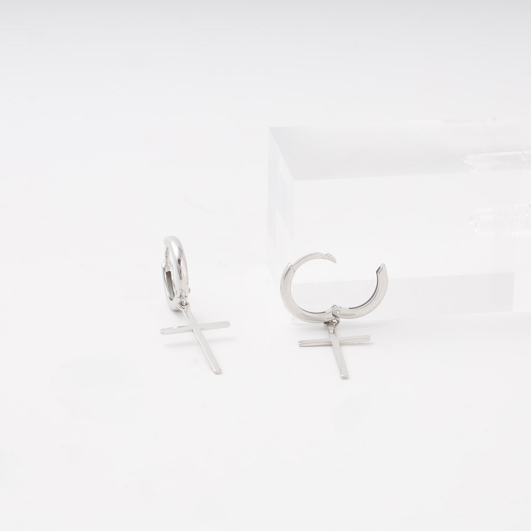 Silver 925 Huggie Hoop Earrings with Cross | Ukrainian Jewelry