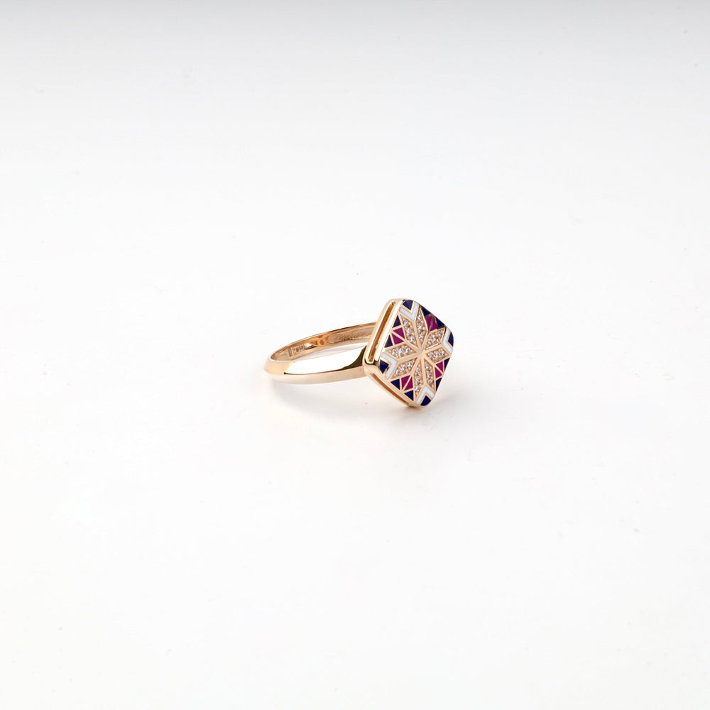 Rose Gold 14K (585) Enamel and Cubic Zirconia Ukrainian Ornament Ring | Ukrainian Jewelry