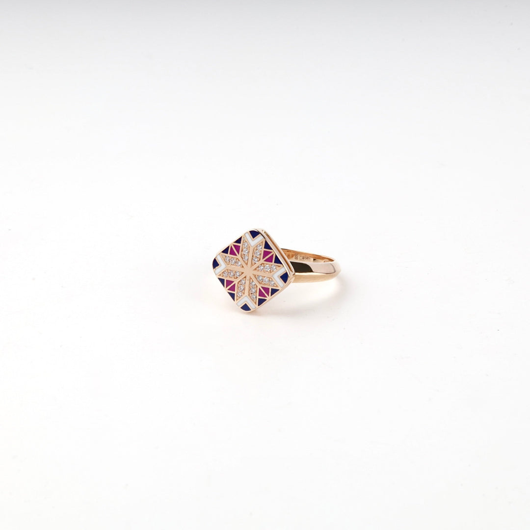 Rose Gold 14K (585) Enamel and Cubic Zirconia Ukrainian Ornament Ring | Ukrainian Jewelry