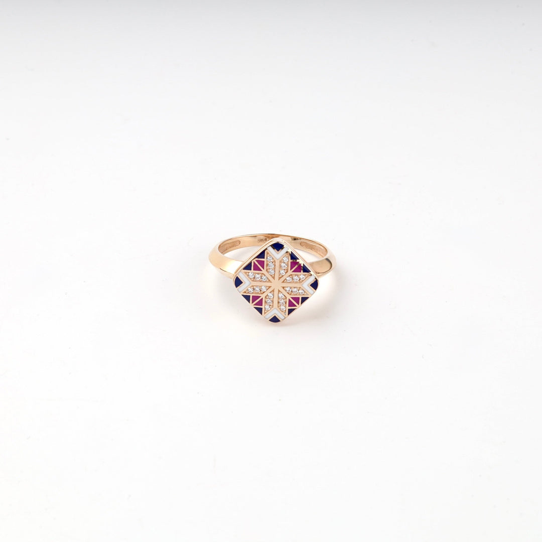 Rose Gold 14K (585) Enamel and Cubic Zirconia Ukrainian Ornament Ring | Ukrainian Jewelry