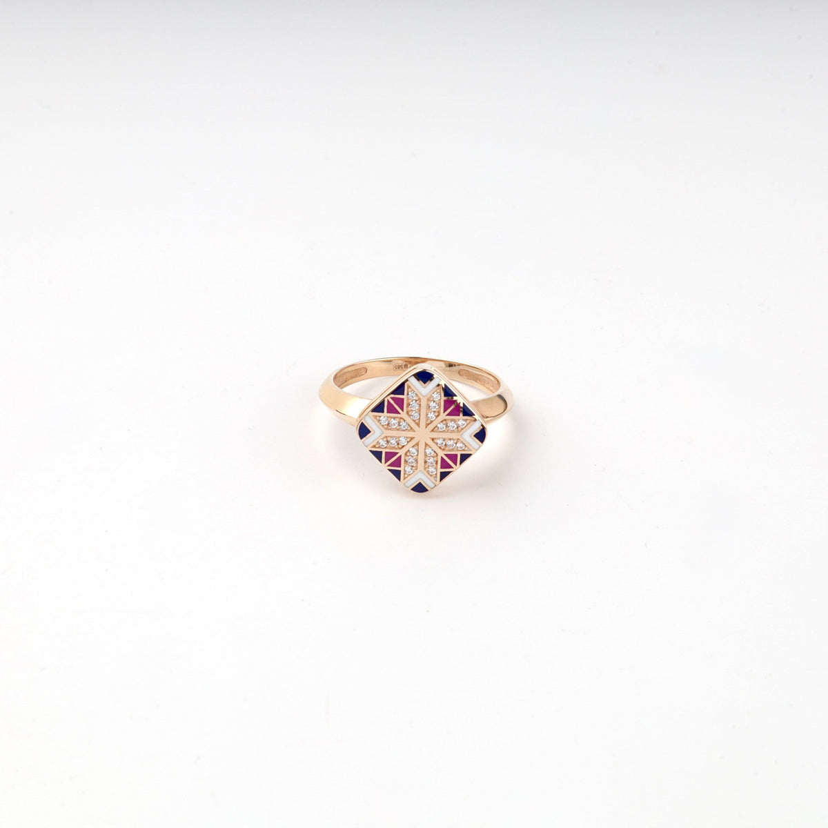 Rose Gold 14K (585) Enamel and Cubic Zirconia Ukrainian Ornament Ring | Ukrainian Jewelry